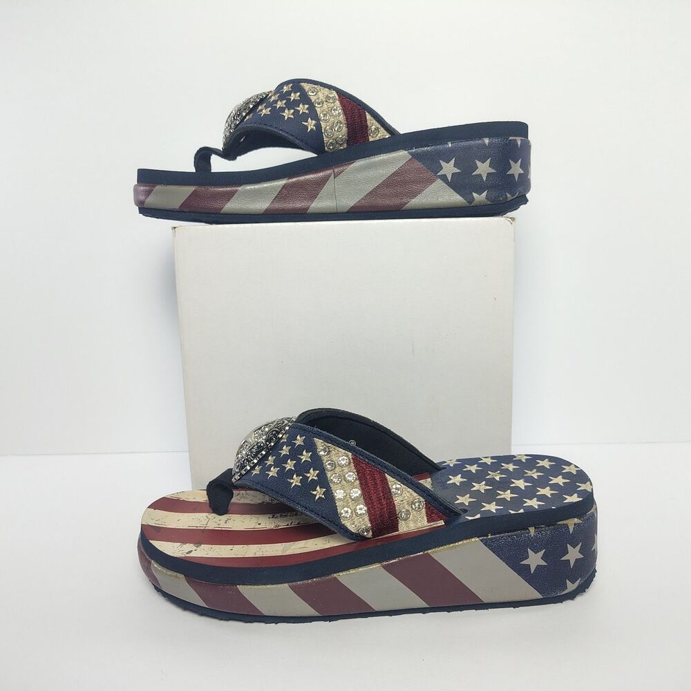 Montana West Women's 6 Patriotic American Flag Wedge Flip Flop Bling Star Silver